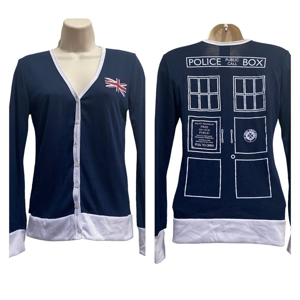 Dr. Who Call Box Phone Booth Lightweight Cardigan Blue Sz S